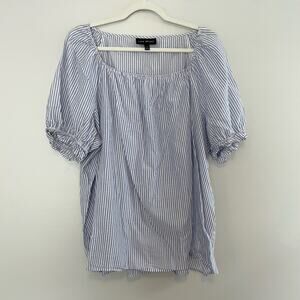 Lane Bryant Size 20 Blue White Stripe Shimmer Blouse Puff Sleeves